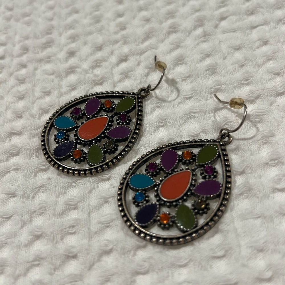 Colorful Lightweight Teardrop Filigree Charm Earrings Fishhook Silver 2”